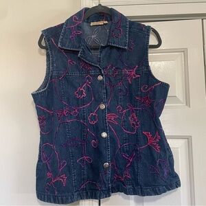 Choices Denim Button Vest Pink Embroidery Size Large
